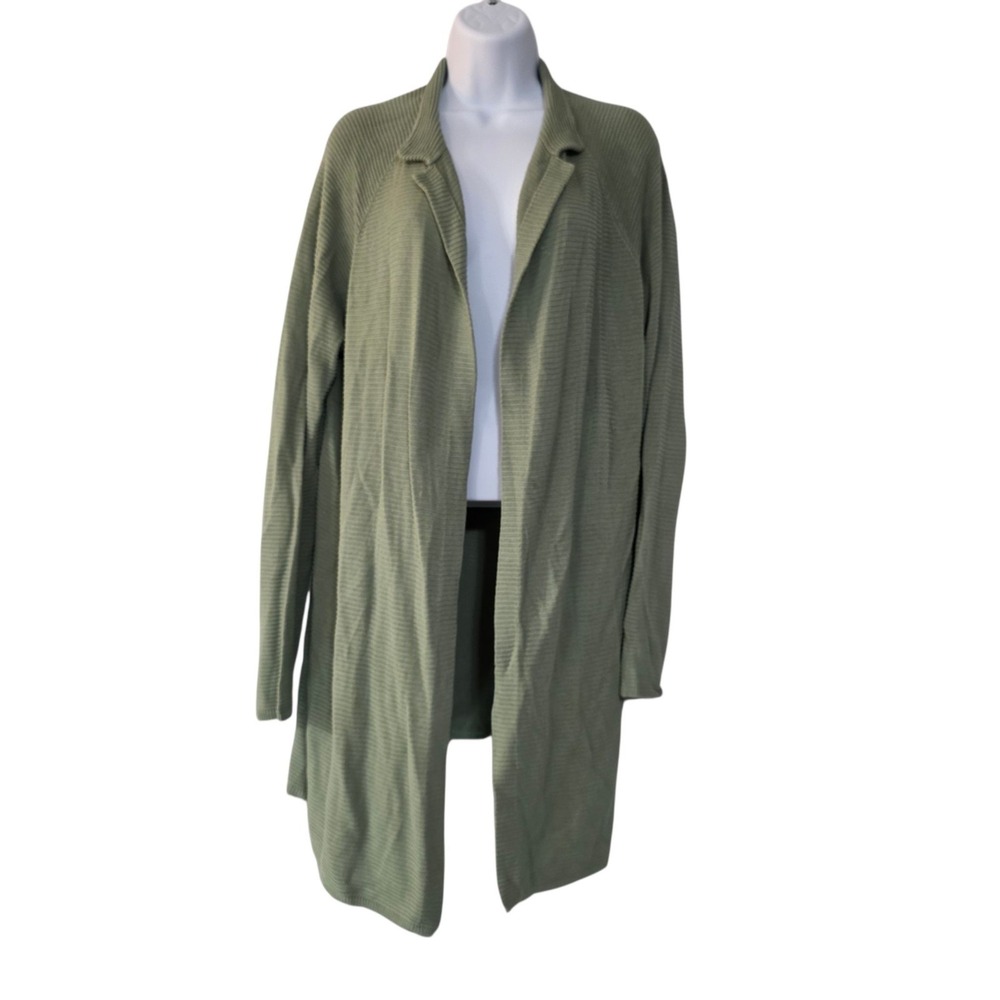 EILEEN FISHER Cardigan Knit Sweater Green Collar Size L Ribbed Tencel Lyocell